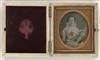 (VICTORIANA) Beautifully tinted sixth-plate daguerreotype portrait of a fashionably-dressed young woman whose